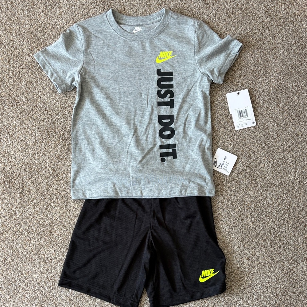 NWT Nike Grey Tee with Black Shorts and Neon Accents
